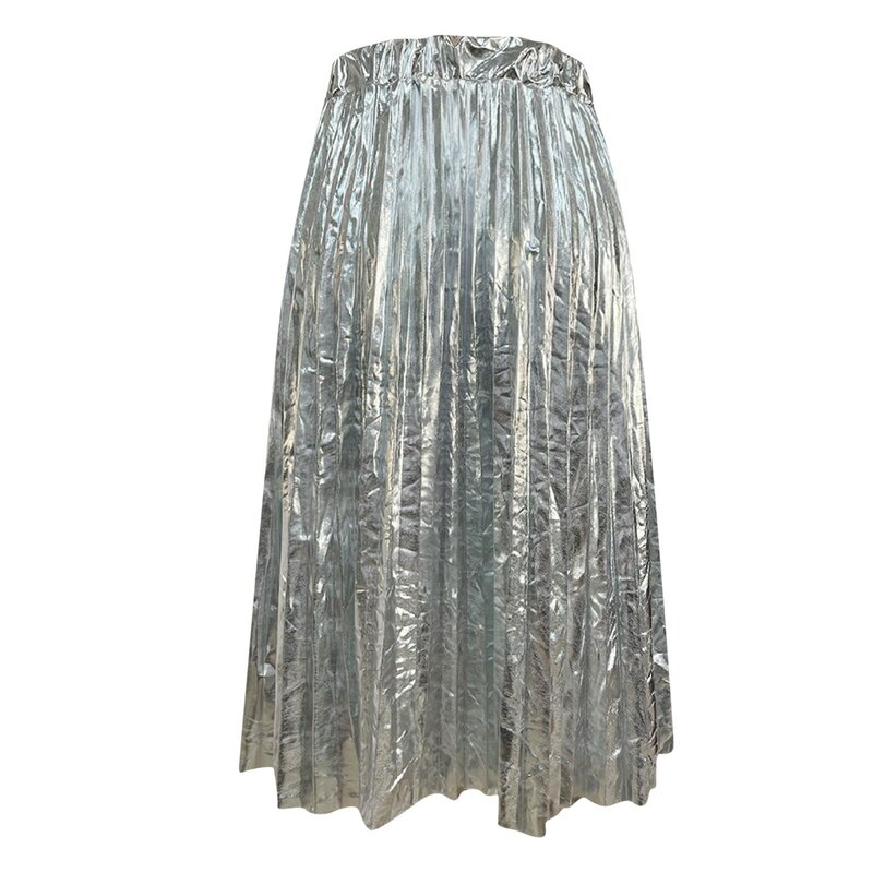 New Temperament High Elastic Waisted Glossy Silver Pleated Half Body Skirt Women's Fashion Elegant Versatile A Line Skirt