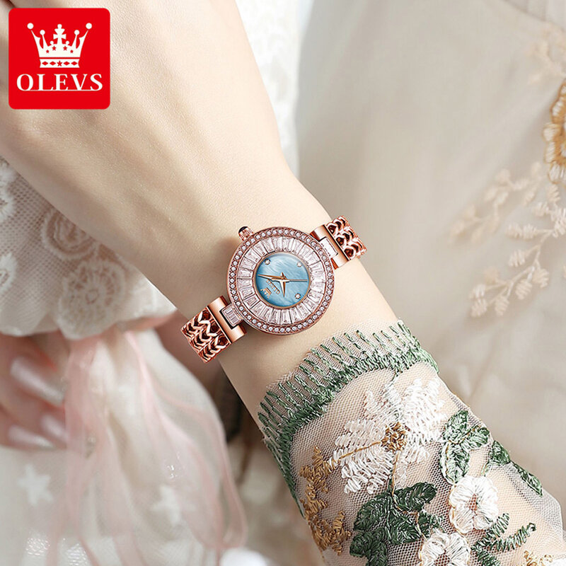OLEVS 럭셔리 브랜드 여성용 시계, 방수 스테인레스 스틸 쿼츠 시계, 우아하고 로맨틱한 로즈 골드 다이아몬드