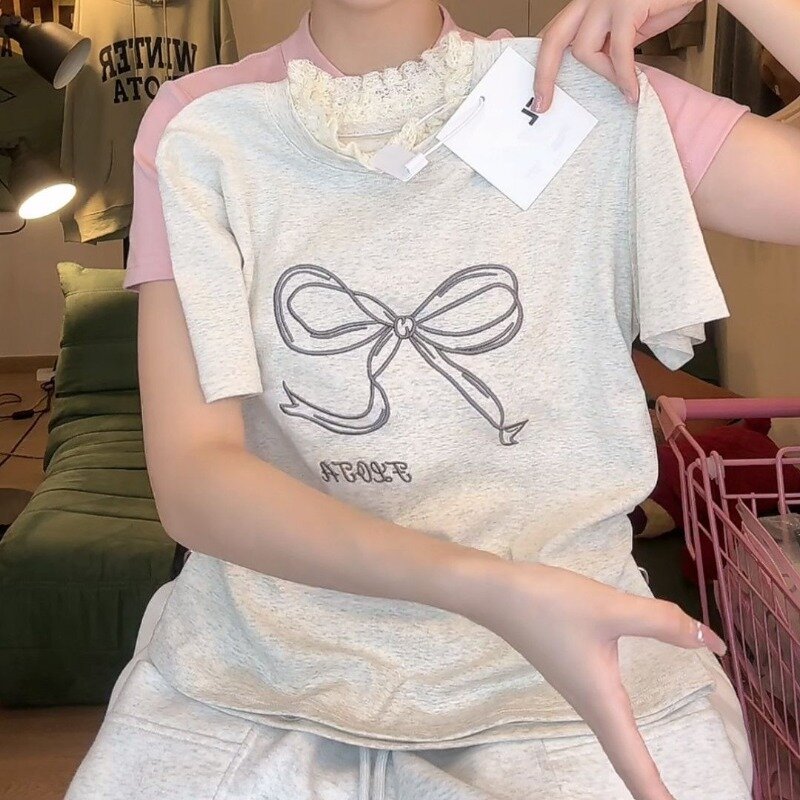 HOUZHOU 여성용 활 반팔 티셔츠, 레이스 코케트, 미적인 Y2k 티, 귀여운 그래픽 크롭탑, 한국 패션 스트리트웨어, 여름