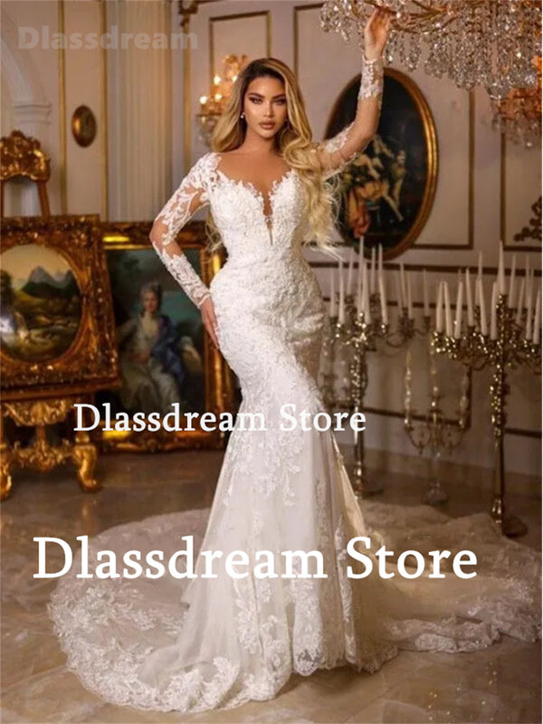 Charming Luxury Wedding Dress For Women Sheer O-Neck Long Sleeves Lace Appliques Mermaid Tulle Floor-Lenth Vestidos Bridal Gown