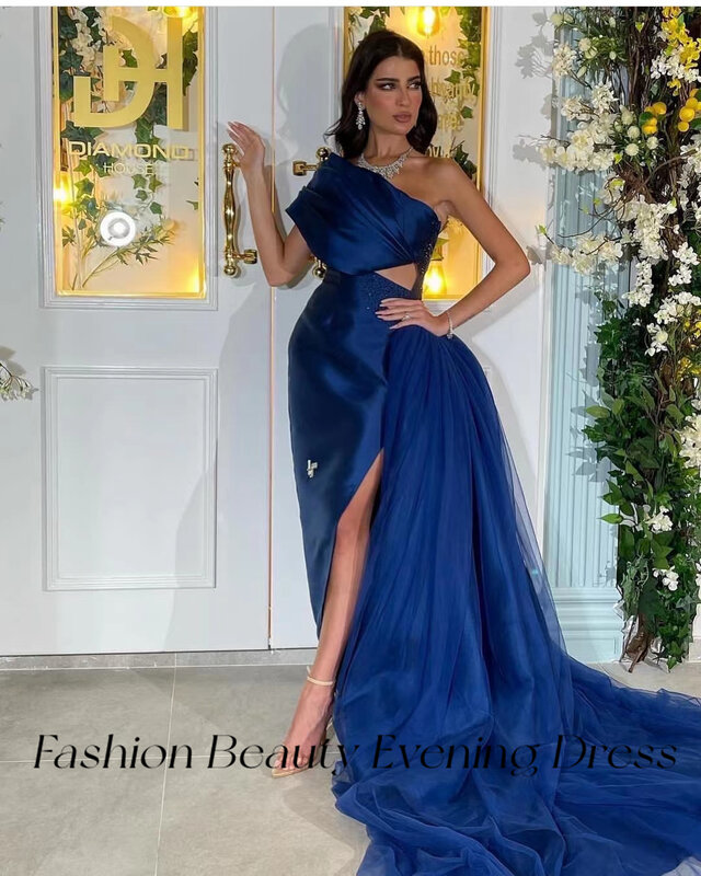 Fashion Beauty Royal Blue Satin Prom Dress One Shoulder Sexy Cut-out Beading Ruched Formal Party Dress Ball Gown For Women 2024