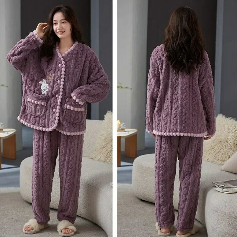 2024 New Pajama Women's Autumn Winter Coral Fleece Loungewear Flannel Thick Homewear Large Size Plush Warm V-neck Sleepwear Set