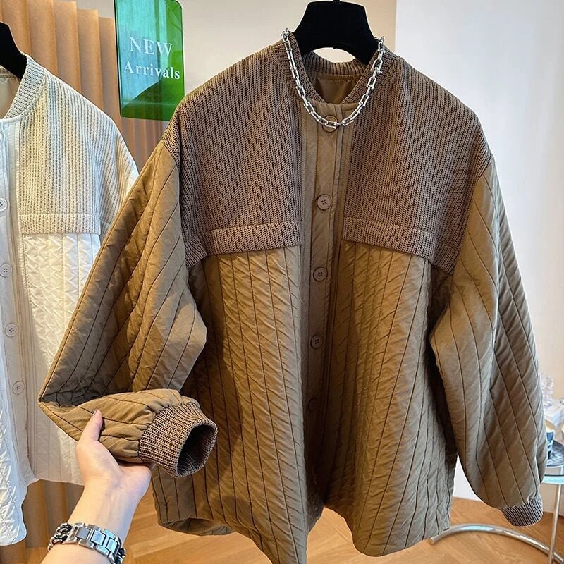 여성 니트 스티치 스트라이프 면 재킷, 가벼운 면 패딩 상의, 고급스러운 디자인, 편안한 캐주얼, 가을 겨울