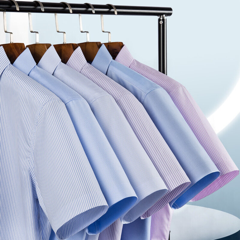 เสื้อเชิ้ตผู้ชายคุณภาพสูงทรงสลิมฟิตลำลองเสื้อเชิ้ตแขนลำลองขาสั้นแนวธุรกิจระบายอากาศระบายอากาศได้สี Cotton.22 65%