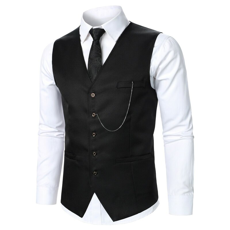 Heren Zakelijk Formeel Casual Pak Vest Met V-Hals Mouwloze Nauwsluitende Effen Kleur Paardenjas Voor Heren