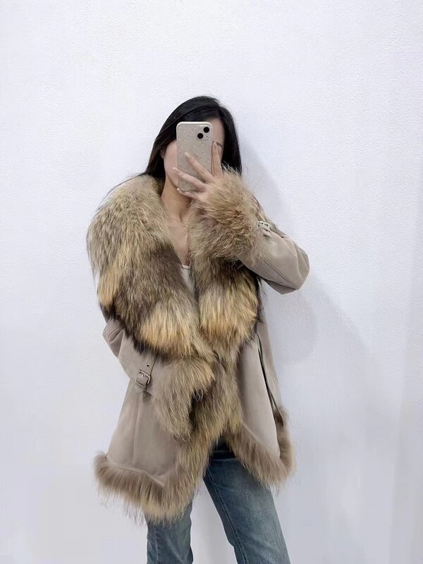 Winter Damen Lederjacke einfarbig echtes Fell-rohe Ziegenleder Leder mäntel mit großem Waschbär Pelz kragen weibliche Kleidung
