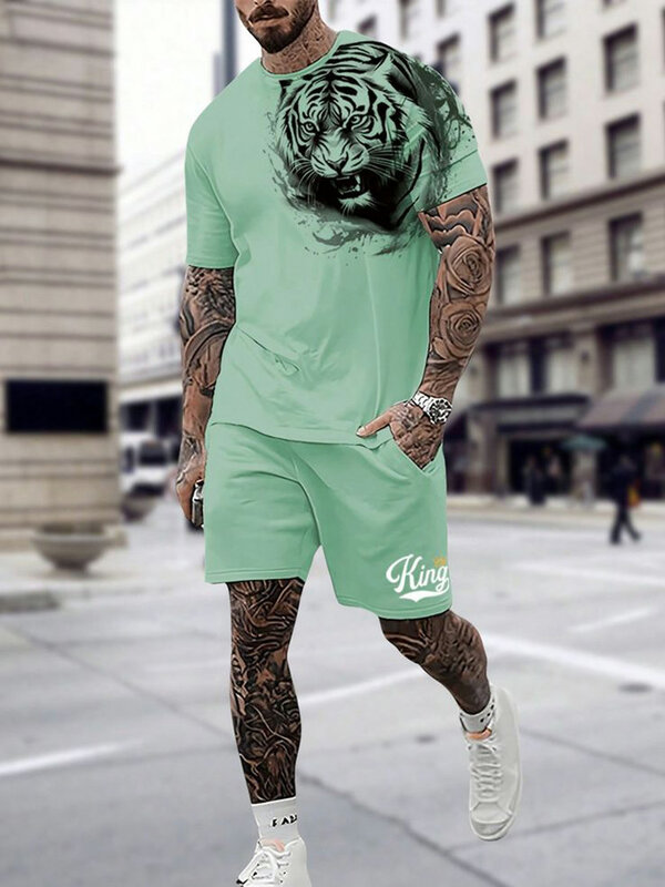 Ensemble t-shirt et short pour hommes, manches courtes, motif tigre, vêtements College en 3D, mode décontractée, été, nouveau, 2024