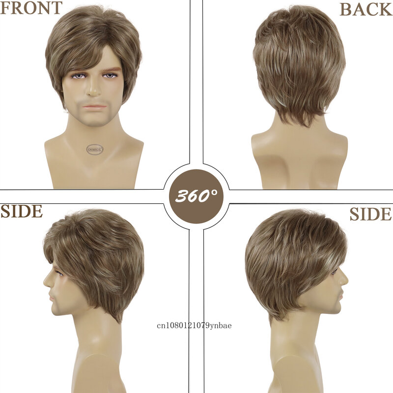 Short Wigs Synthetic Hair Straight Remy Brown Wig with Bangs for Men Male Guy High Temperature Fiber Daily Party Costume Casual