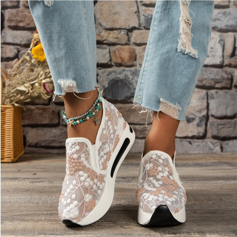 Conjunto de zapatos individuales para mujer, calzado informal de malla de encaje con suela elevada de pastel, primavera y verano, 2024