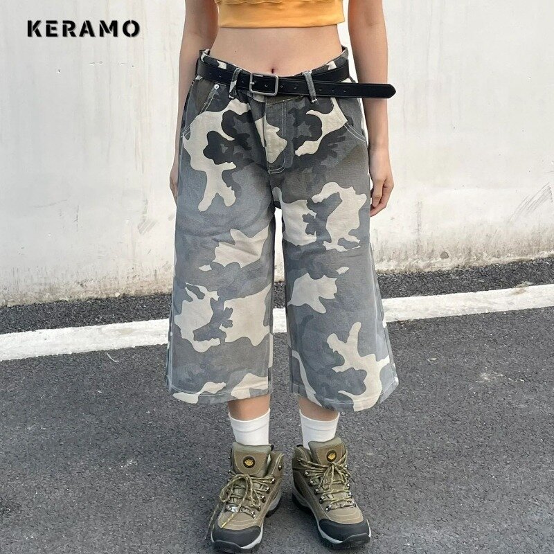 Amerykańskie Y2K Harajuku z wysokim stanem modne spodenki o średniej długości w stylu ulicznym 2024 letnie damskie Retrod Hotsweet luźny krój jeansowe szorty
