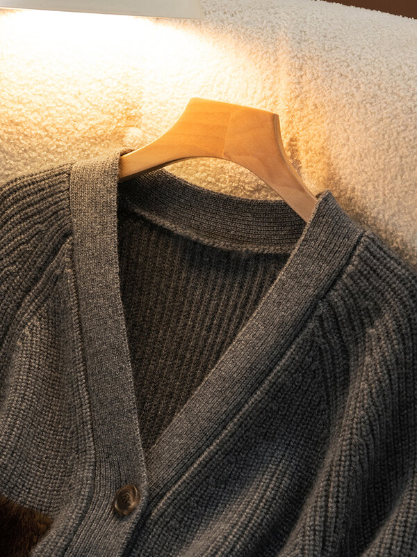 CHICUU-Cardigã solto casual com decote em v grosso feminino, tops de suéter de caxemira 100% malha de lã merino, alta qualidade, outono e inverno
