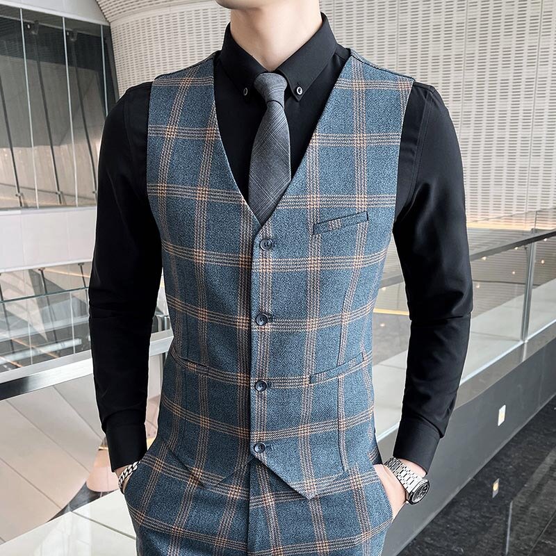 Terno xadrez casual fino masculino, vestido de 3 peças, vestido da moda, novo, TW5
