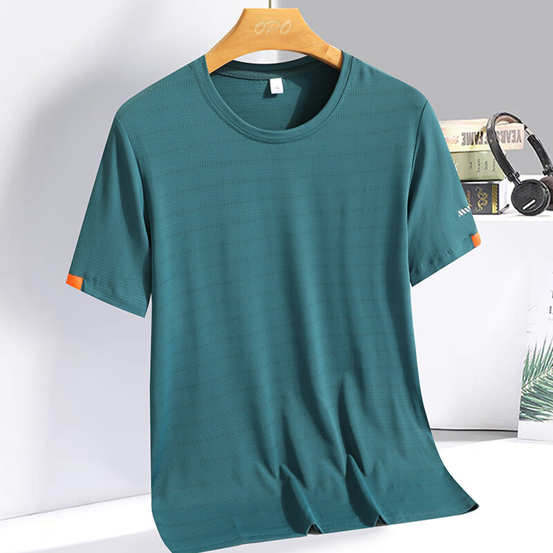 Men's Summer Ice Silk T-shirt Sweatshirt Round Neck Simple Running Fitness Suit Thin Breathable Quick Drying T