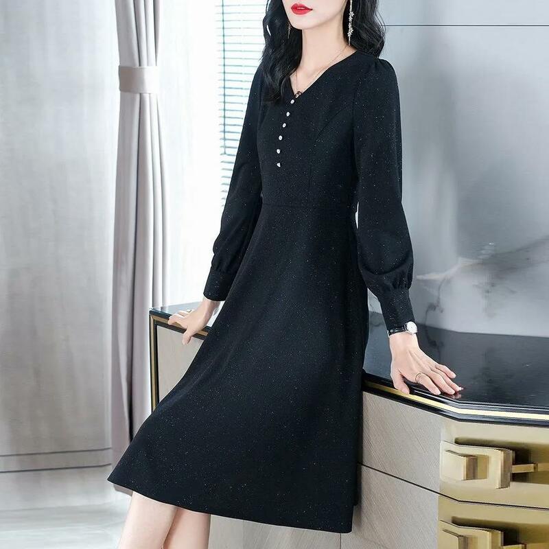 Vestido de manga comprida preto fino feminino, decote em v, esbelto popular, confortável, monocromático, escritório, lady, moda, outono, 2022