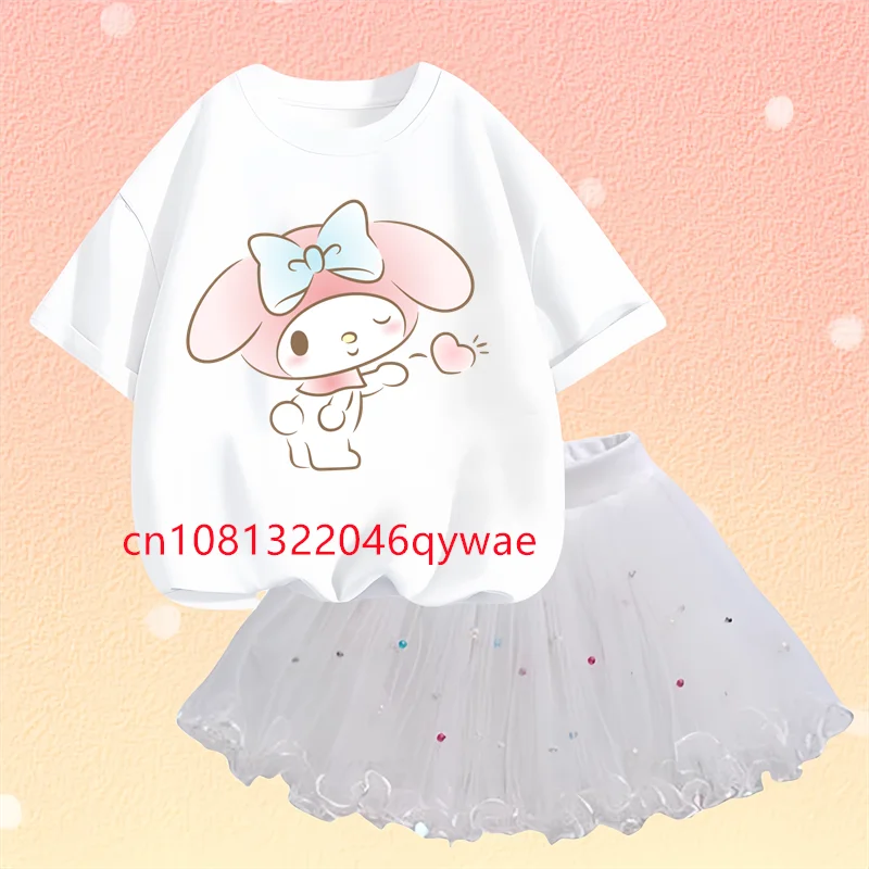 New Summer Kawaii Little Girls Clothing Sanrio Melody T Shirt Tutu Skirt Two Piece Set Fashion Korean Children Clothes 3-14years