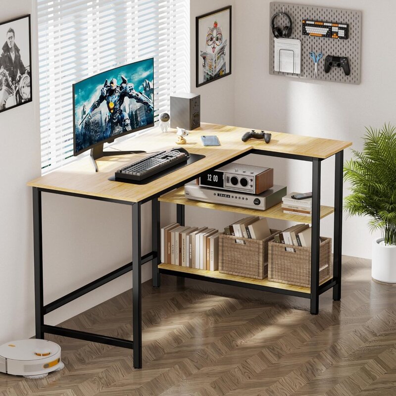 مكتب ألعاب على شكل حرف L ، مكتب زاوية للكمبيوتر ، طاولة كتابة مكتب منزلي مع رف ، طاولة محطة عمل موفرة للمساحة ، 43"