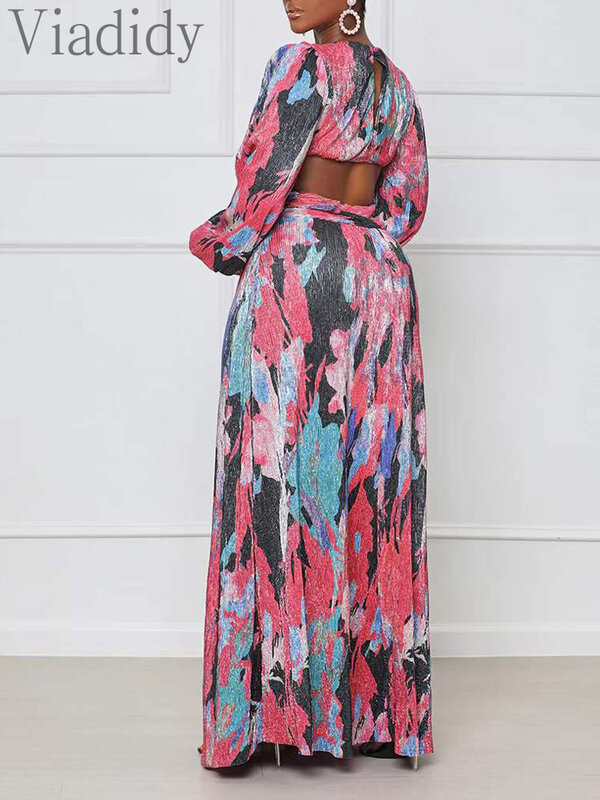 فستان ماكسي نسائي صيفي مثير بياقة واسعة على شكل حرف V وأكمام واسعة وفتحة مفرغة