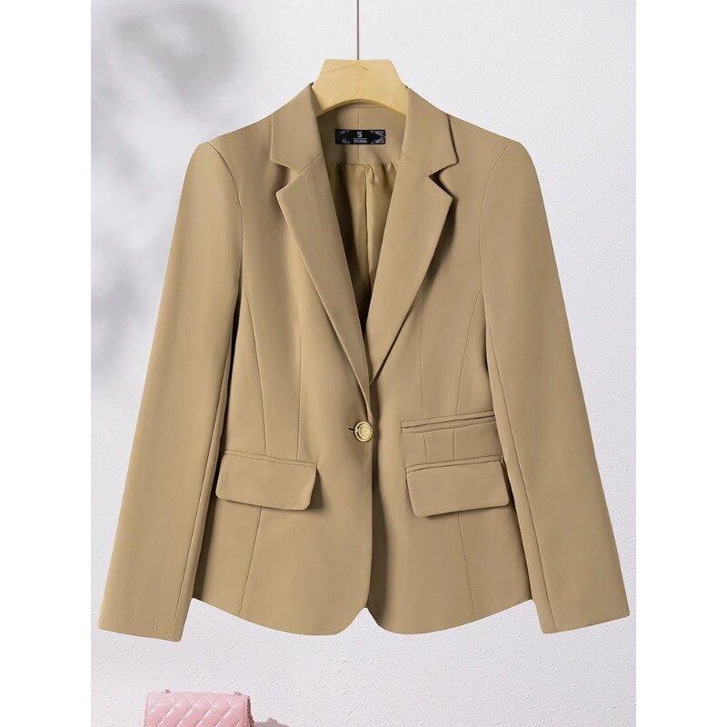 Blazer feminino de manga comprida de botão único, preto, cáqui, monocromático, roupa de trabalho, casaco formal feminino, jaqueta feminina, outono, inverno
