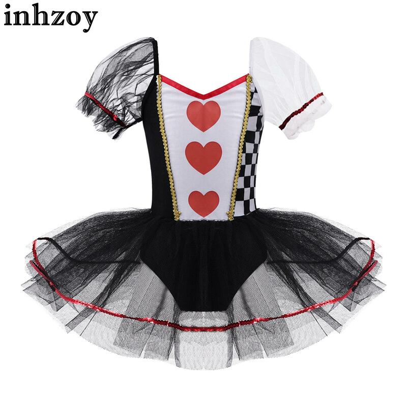 Kids Girl Halloween Queen Cosplay Costume Puff Sleeve Hearts Check Print Leotard Mesh Tutu Dress Ballet Dance Performance Outfit