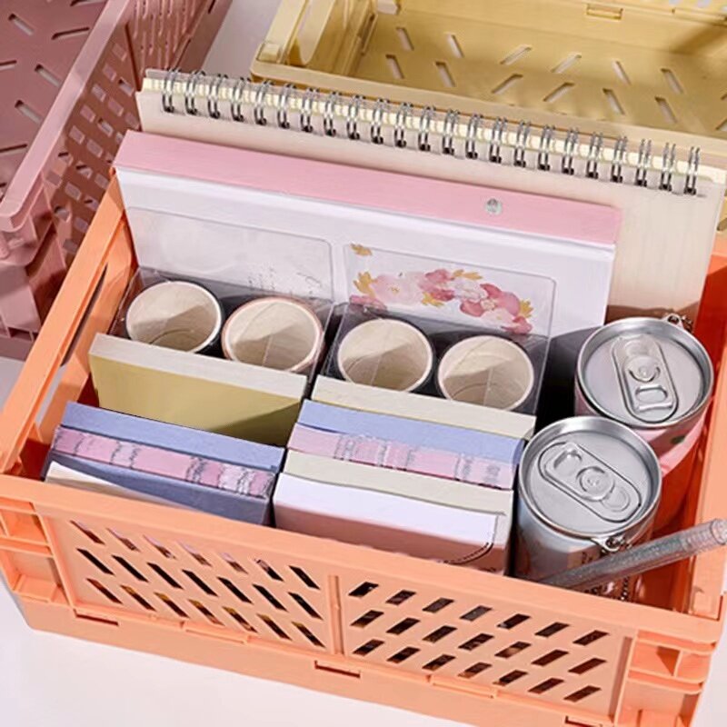 Creative Foldable Storage Boxes Student Desktop Collapsible Crate Organizer Tape Stationery Cosmetic Rack Folding Storage Basket