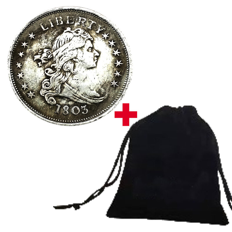 เหรียญ1803สุดหรูที่ระลึกวันดอลล่าร์สำหรับ3D เหรียญสหรัฐทางประวัติศาสตร์เหรียญคู่รักเหรียญที่ระลึกเหรียญนำโชค + ถุงซานตา