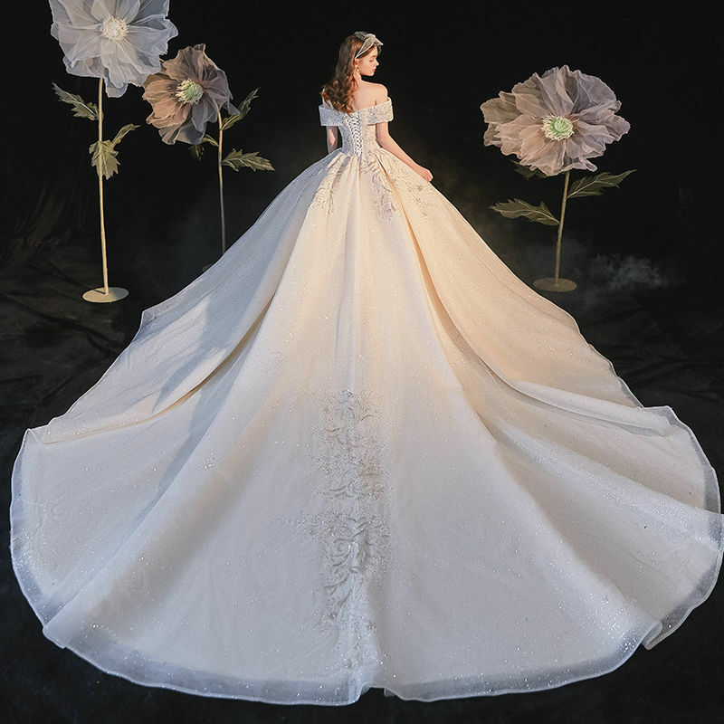 Бальное платье принцессы с открытыми плечами, свадебное платье, роскошное блестящее женское платье со шлейфом для церкви