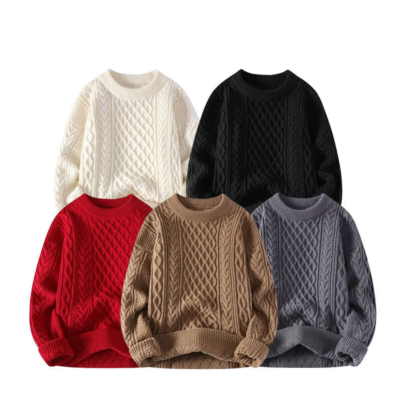 Suéter masculino de malha vintage com gola O, pulôveres Harajuku solto, tricô retrô, suéteres monocromáticos, outono inverno