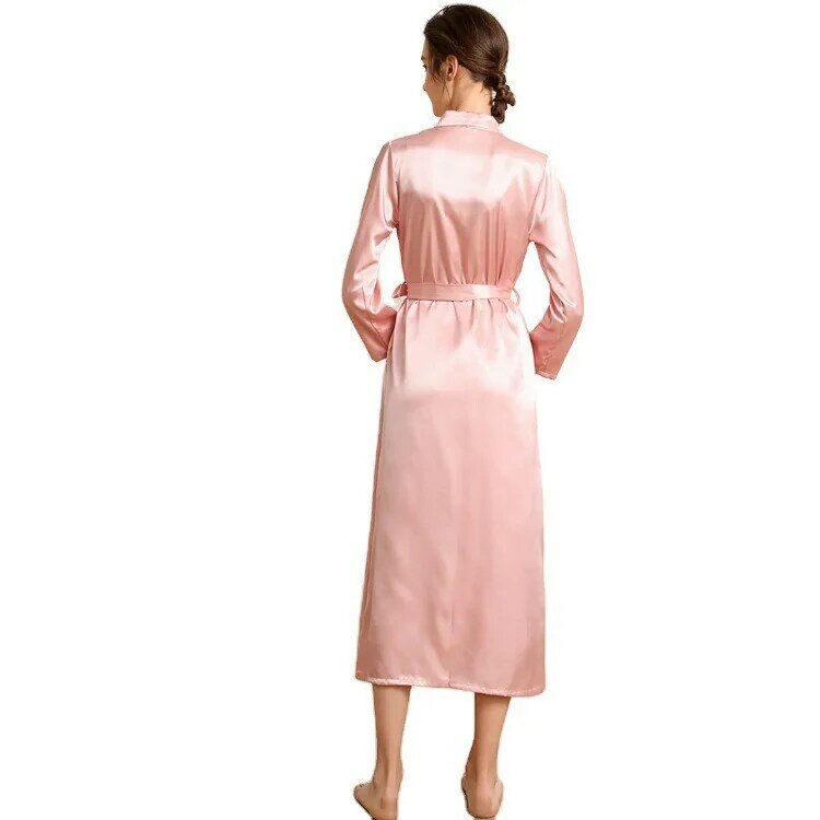 Pijama de seda de imitación para mujer, camisón largo con solapa, sexy, albornoz, ropa de estar por casa
