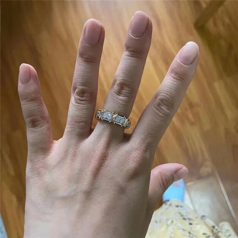 Mencheese pojedynczy 0,1ct 3mm pełny pierścień z krzyżem moissanitu pozłacane srebro srebro S925 kobiet diament nakładające się pierścienie