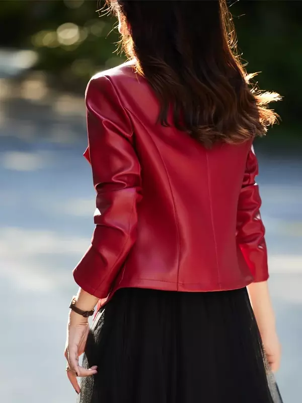 Giacche autunno inverno per donna 2023 giacca Casual in pelle sottile abbigliamento donna moda cappotti corti rossi risvolto Jaqueta Feminina