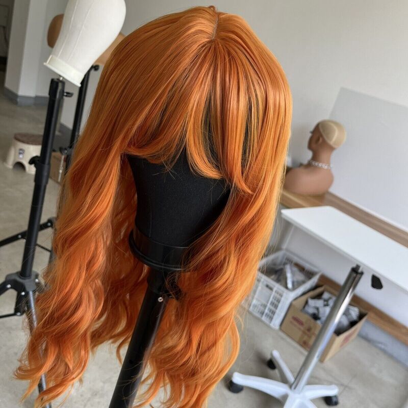 Heat Resistant Hair Women Costume Wig With Bangs Long Wavy Orange