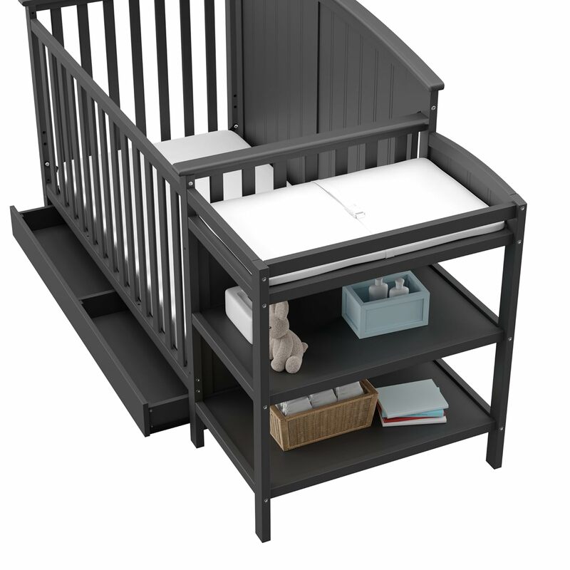 سرير أطفال ذهبي وطاولة تغيير كومبو مع درج ، يتحول إلى سرير طفل صغير ، سرير نهاري وسرير كامل الحجم