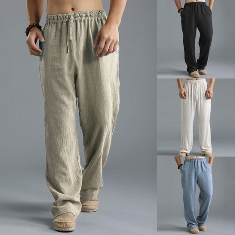 Pantalones deportivos de lino transpirables para hombre, ropa de calle holgada, estilo europeo y americano, 2022
