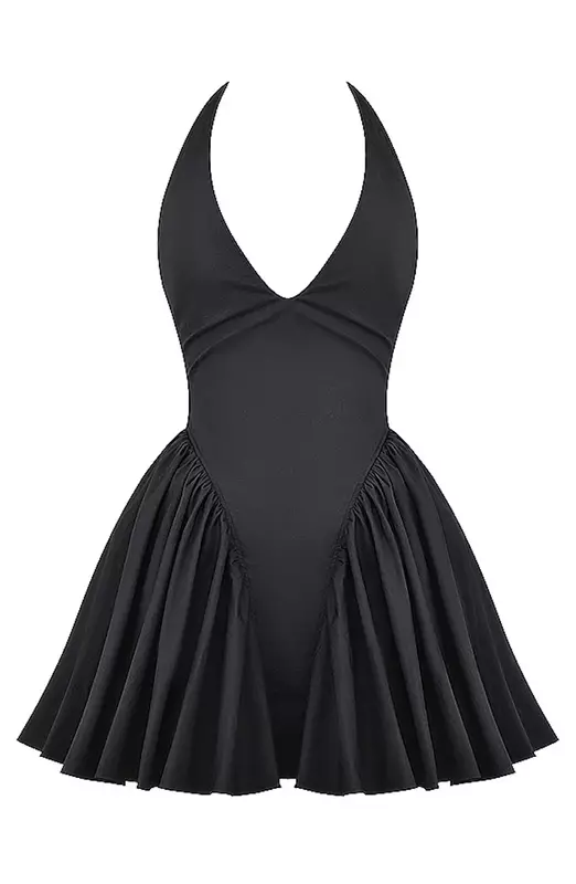 2024 New Romantic Sexy Women Halter Mini Dress In Black Evening Party & Club Elegant Flounced Backless Short Dress  CSM50YY