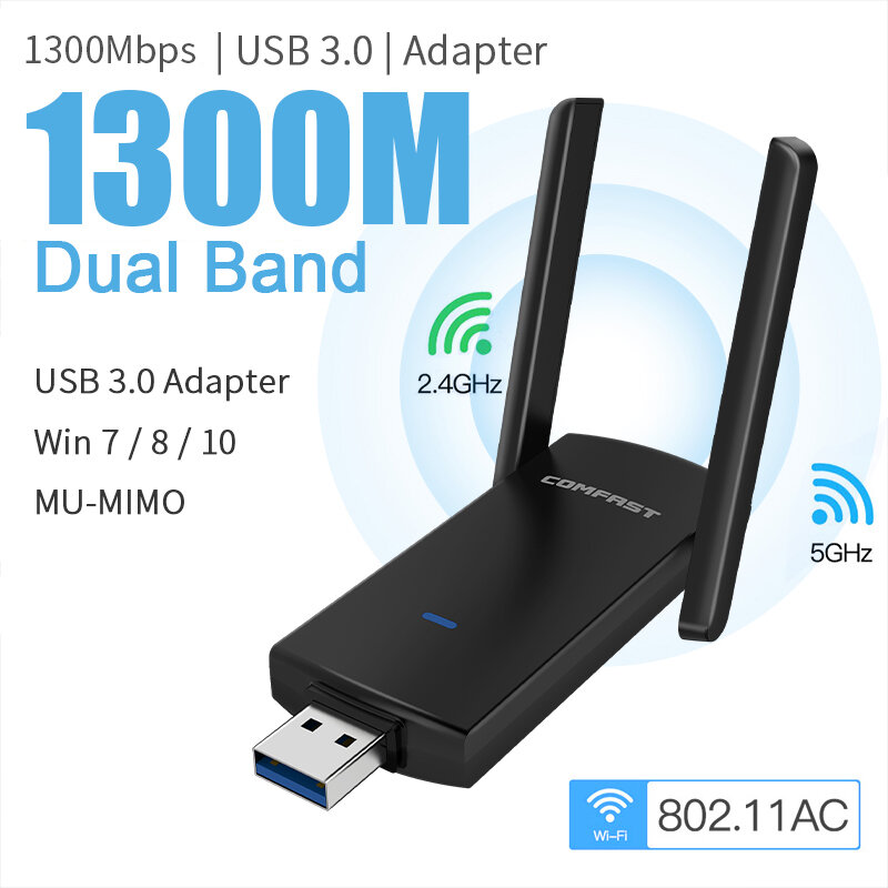 Adaptor Wifi RTL8812BU Cle USB3.0 Antena untuk PC, kartu jaringan Wi-fi 1300G/5ghz 2dBi Ethernet Dongle Win 11 10