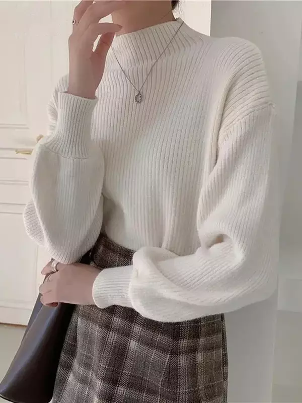 Женский Однотонный пуловер с коротким воротником, универсальный вязаный свитер в Корейском стиле с рукавами-фонариками