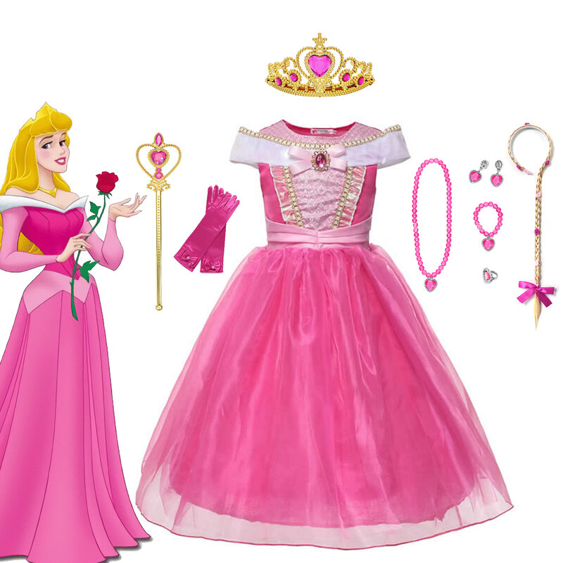 Disney vestido de princesa para niñas, disfraz de la Bella Durmiente, Aurora, Carnaval, fiesta de cumpleaños, vestidos rosas, ropa para niños