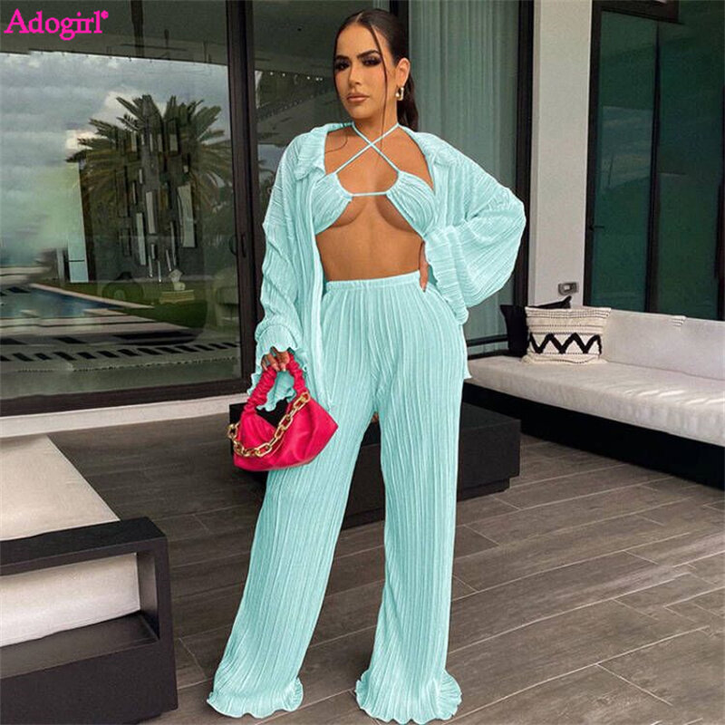 Adogirl Pleated Loose 3 Piece Sets Women Sexy Drawstring Lace Up Bra Top Long Sleeve Shirt Cardigan Wide Leg Pants Casual Suit