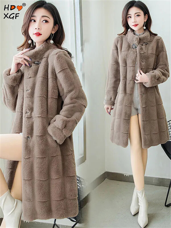Abrigos gruesos de piel sintética para mujer, chaquetas de longitud media, 5xl talla grande, elegantes y cálidas, moda coreana, diseñador de lujo, imitación de visón, 2023