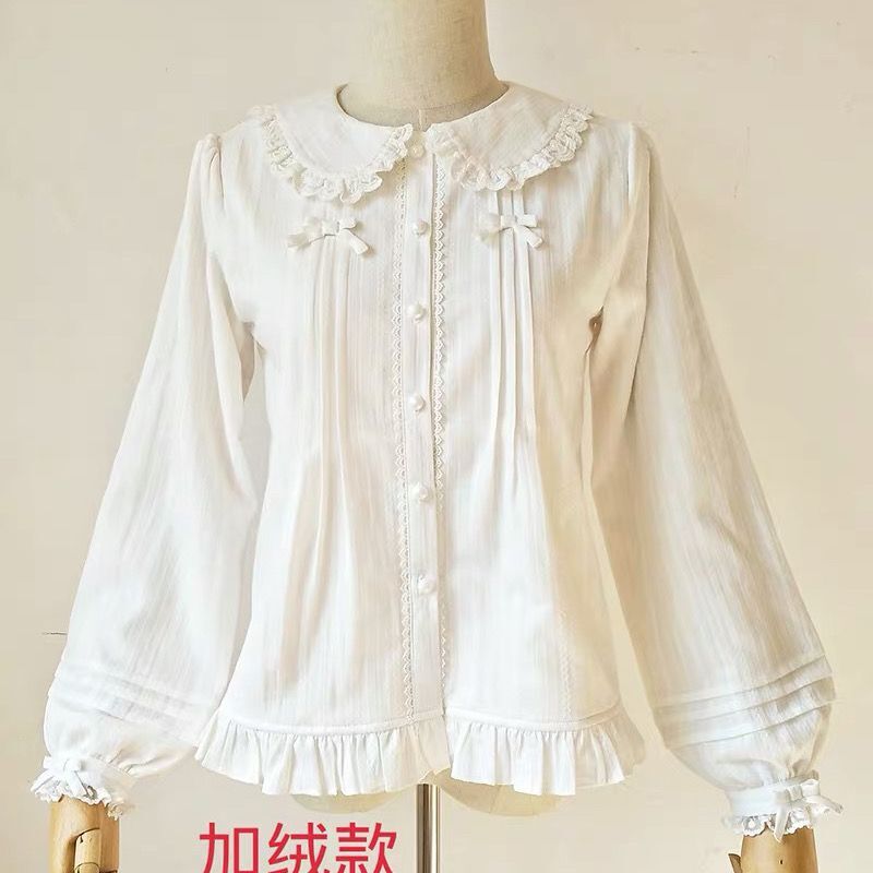 Camisa gruesa de felpa de manga larga con lazo de encaje de cuello de muñeca, Lolita blanca, algodón, Color sólido, dulce