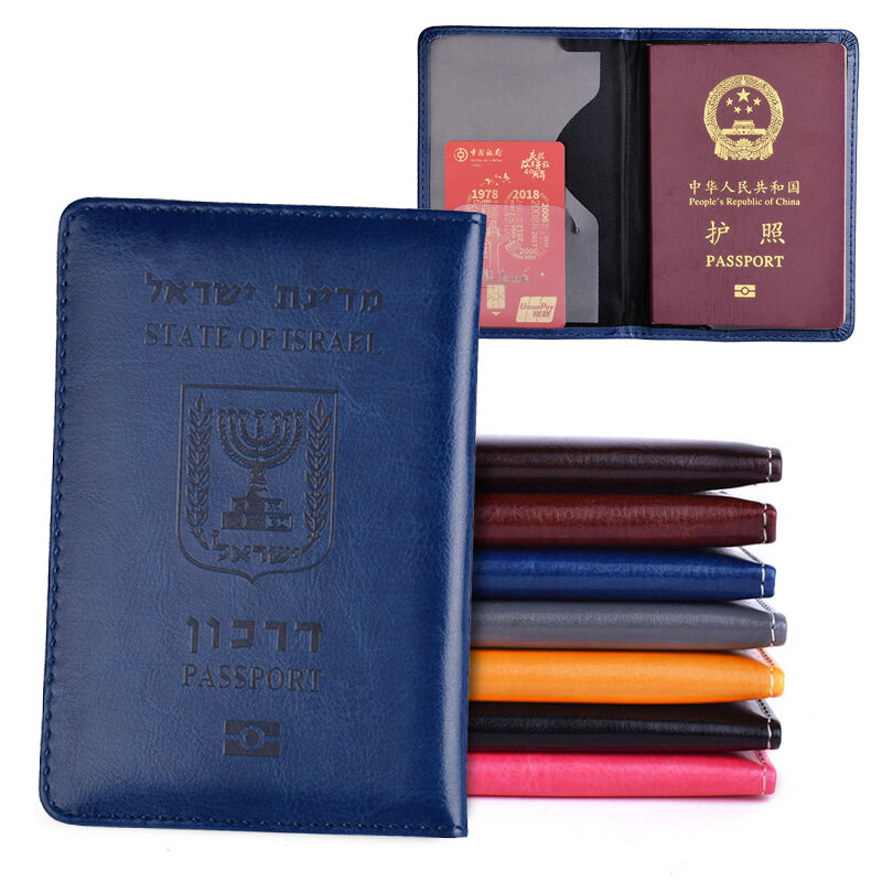 Funda de pasaporte de viaje de cuero Pu para hombres y mujeres, funda de pasaporte israelí inverso, billetera opuesta a la izquierda abierta, tarjetero de crédito