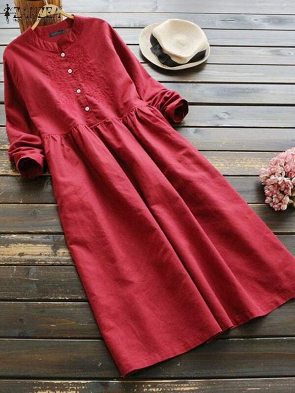 ZANZEA-Vestido camisero largo bordado para mujer, caftán informal de manga larga de algodón, Estilo Vintage, para otoño, 2023