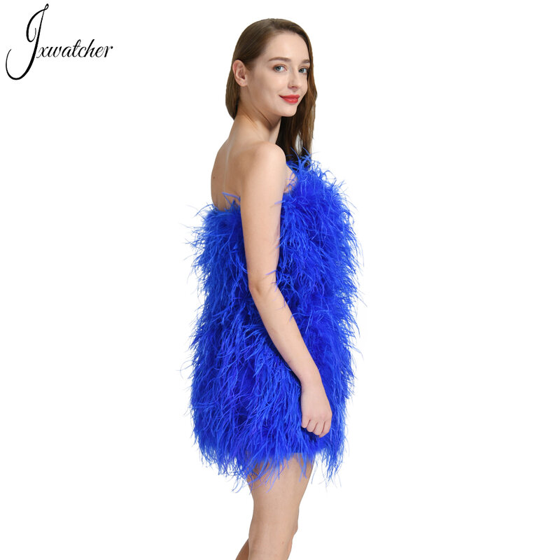 Jxwatcher Gaun Balutan Dada Bulu Burung Unta Asli Wanita Mode Baru 2022 Gaun Cocktail Mini Seksi Wanita Gaun Prom Tanpa Tali