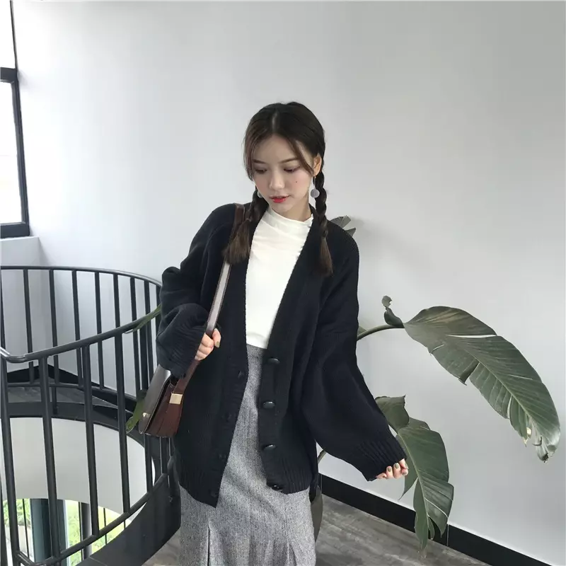 Ciepły damski płaszcz Oversized swetry jesienny zimowe bluzki koreański nowy luźny dekolt w szpic Pull Femme Plus Size kurtka sweter dziergany krótka