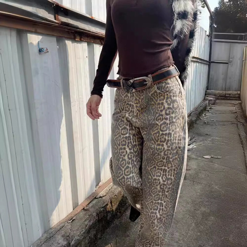 Jins motif macan tutul untuk wanita & pria, celana Jeans kaki lebar gaya kasual trendi pinggang tinggi motif macan tutul Y2K