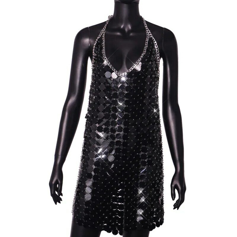 Robe en perles de métal faites à la main pour boîte de nuit, jupe longue, épissage pur, sexy, États-Unis, 2024