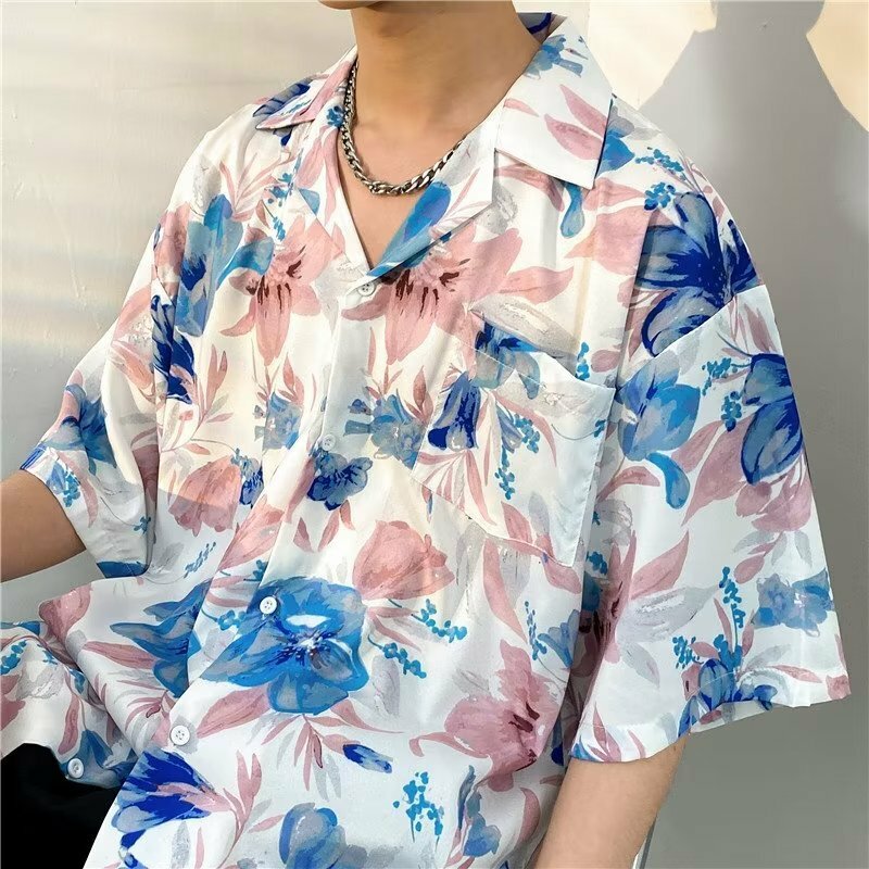 Гавайские рубашки для мужчин, современные Дышащие Модные летние мужские хипстерские рубашки с коротким рукавом и цветочным принтом в стиле High Street с карманами в Корейском стиле