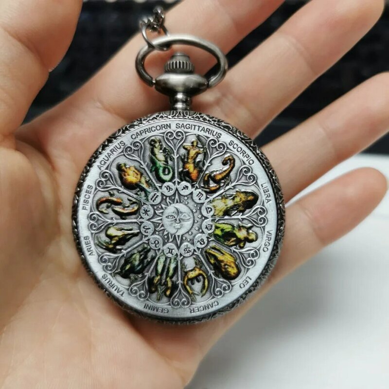 Doze constelações série lembrança moeda padrão quartzo colar relógio de bolso vintage cinza preto corrente pingente bolso relógio