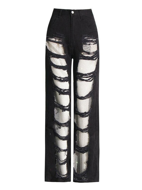 KBQ wydrążone jednolita, szykowna proste dżinsy dla kobiet z wysokim stanem łączone kieszenie luźna odzież uliczna szerokie nogawki spodnie dżinsowe kobiety