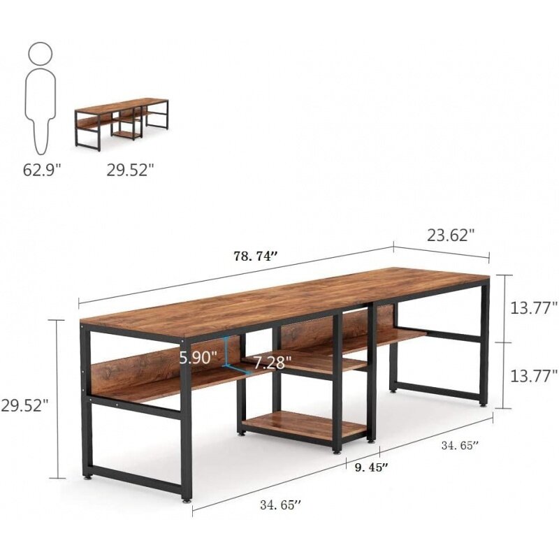 2-Person Desk com estante, Duplo para Escritório Computador, Escrita Rústica Workstation, 767 Workstation